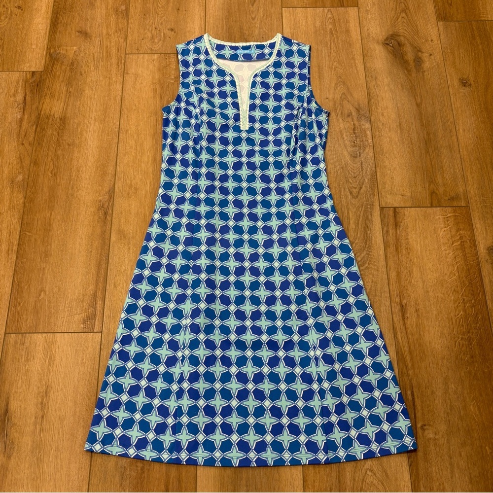 🌟J. MCLAUGHLIN🌟 GEO PRINT CATALINA CLOTH ACTIVE KNIT SHIFT DRESS BLUE SZ S